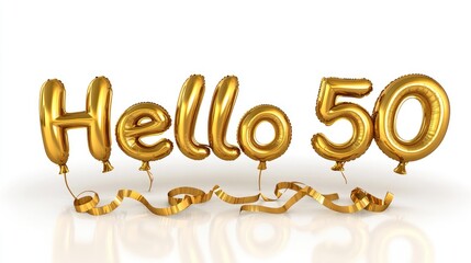 Celebrate a memorable milestone with golden Hello 50 balloons on a serene backdrop perfect for any birthday celebration