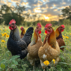 Fototapeta premium chickens and a rooster standing in the grass