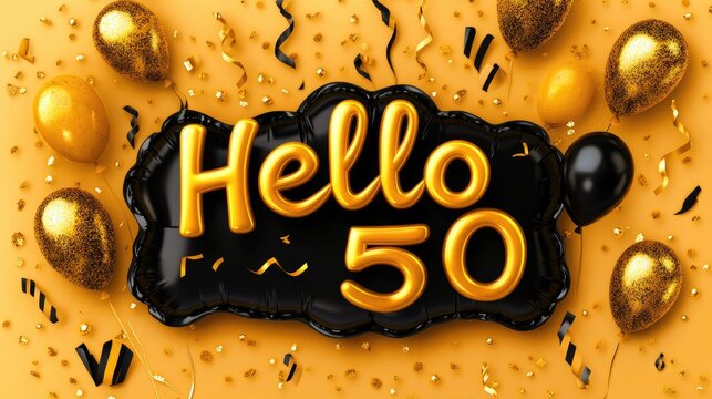 Celebrate a memorable milestone with golden Hello 50 balloons on a serene backdrop perfect for any birthday celebration - Powered by Adobe