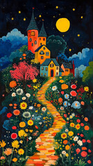 A strange art style illustration of a witch's house, bright colors at night with stars and clouds in the sky, a path to the village, watercolor painting.