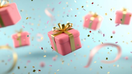 Fototapeta premium A mesmerizing display of red gift boxes adorned with golden ribbons soaring amidst a playful frenzy of confetti in a light blue sky