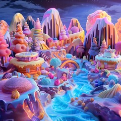Whimsical D of a Fantasy Dessert Land with Glowing Neonlike
