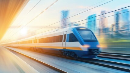 Fototapeta premium High-Speed Train in a Modern Cityscape at Sunrise