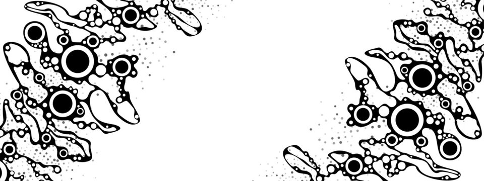 Monochrome mesh background frame. Texture of chaotic circles, dots. Сosmic path.  Internet is a web. Dance. Communication of people. Poster for medicine, technology, business. Random movements. Vector