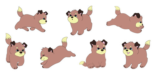 cute brown cartoon puppy with black ears. Set of vector illustrations in cartoon style