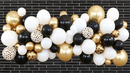 Elegant balloon bouquet in black, white, and gold against dark brick wall for stylish celebrations