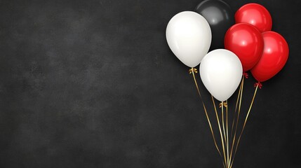 Elegant balloon bouquet in black, white, and gold against dark brick wall for stylish celebrations