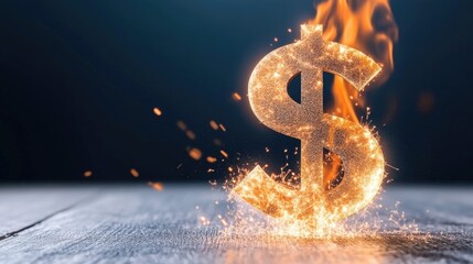 A fiery dollar sign ignites the darkness with sparks and golden glow, symbolizing wealth and opportunity in a dynamic display