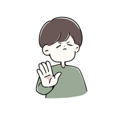 手を前に出して拒否している男性