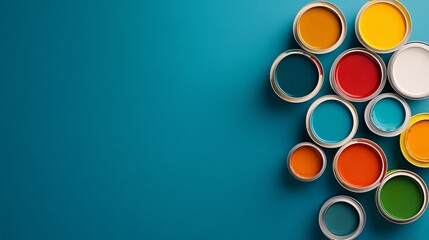 colorful paint cans on a turquoise background
