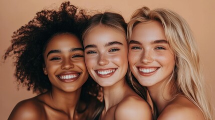 Beauty, diversity and portrait of women happy with makeup for cosmetic skincare isolated in studio brown background. Skin, aesthetic and young friends together for self care, dermatology and support