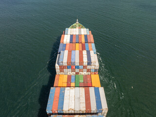 Large container ship at sea. Aerial top view of cargo container ship vessel import export container sailing.