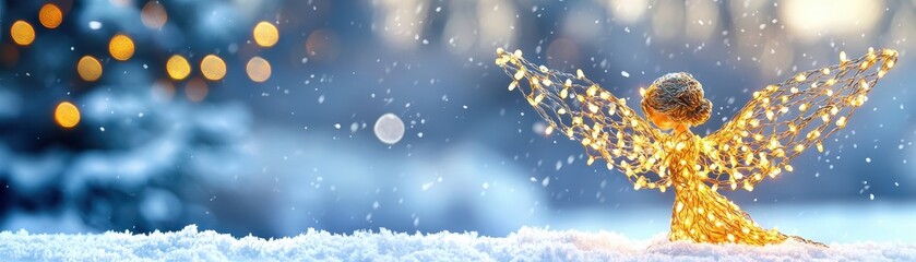 Naklejka premium A glowing angel figure adorned with lights stands in a serene snowy landscape, evoking warmth and holiday spirit.