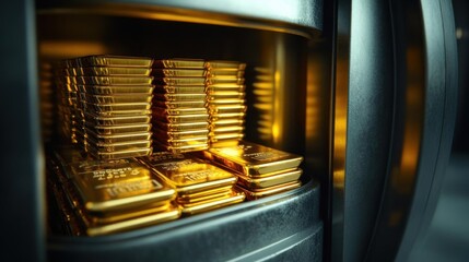 Obraz premium Hightech vault opening to reveal stacks of gold bars, a metaphor for secure trade, no blur, photo not dark, everything is clear, copy space