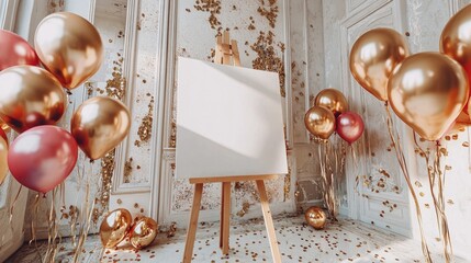 A serene blank canvas on an easel surrounded by golden balloons and delightful confetti in an elegantly bright setting