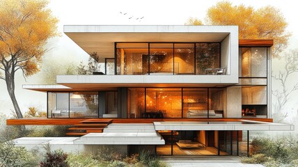Modern architectural design featuring large glass windows and autumn trees.