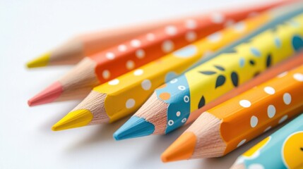 Obraz premium A trio of vibrant colored pencils with cute animal designs, arranged on a bright white surface, showcasing creativity for kids