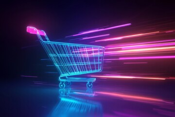 Abstract 3d element of shopping basket with neon light lines in blue and purple colors, speed of lights 