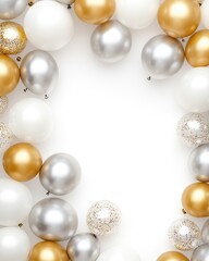 Overhead view of a festive entrance arch adorned with gold and silver balloons against a pristine white background