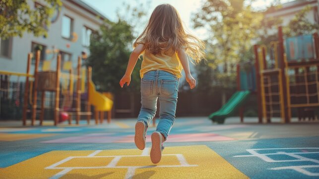 Closeup of chld girl playing jumping hopscotch outdoor Funny activity game for kids on playground outside Summer backyard street sport for children Happy childhood lifestyle Web banner : Generative A