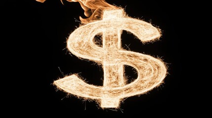 A glowing dollar sign radiates warmth and sparks against a dramatic black background, symbolizing wealth and prosperity in a vibrant display