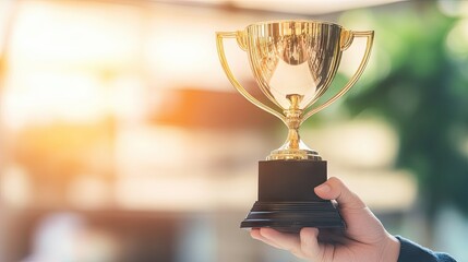 A hand grasping a large gold trophy against a backdrop of a sunset, symbolizing triumph and hard-earned success.