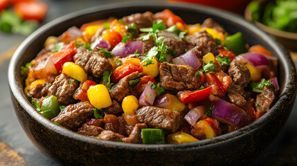 Sizzling Beef and Potato Stir-Fry with Fresh Herbs and Tomatoes in a Cast Iron Skillet: A Hearty and Flavorful Dish