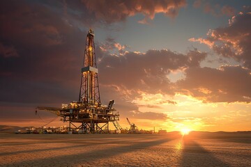 Oil drilling rig at sunset in a vast desert landscape