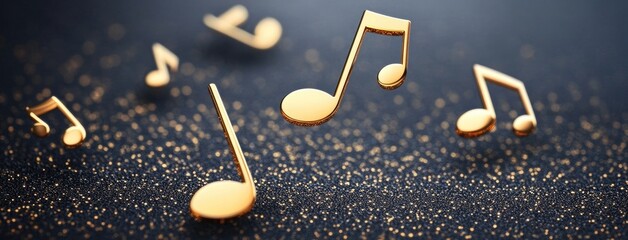 A beautiful bunch of shining gold music notes are floating in the air