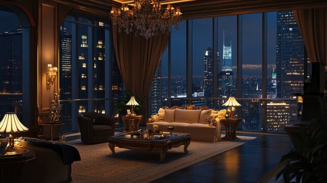 Deluxe penthouse with opulent design and luxury furnishings on the top of skyscraper with scenic evening sityscape views, lifestyle of billionaires