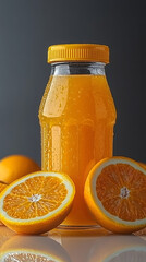 Fresh Orange Juice in a Clear Bottle with Halved Oranges on Reflective Surface