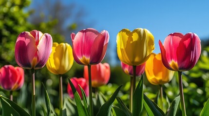 Vibrant Tulips in Sunlit Garden Scene