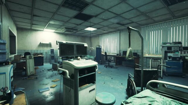Inside an abandoned hospital room, medical equipment lies in disarray, revealing the signs of neglect and decay in a forgotten healthcare facility.