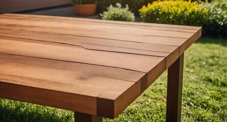 Fototapeta premium Brown wooden empty table top for product presentation. Countertop on the lawn with the house. Mockup stand for advertising food, picnic and other supplies.