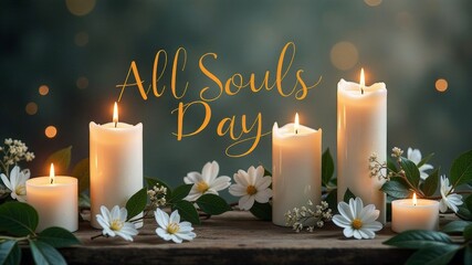 All Souls Day greeting card, Frame in candles and white flowers on pastel beige background. All Saints Day greetings banner, all saints day or Halloween