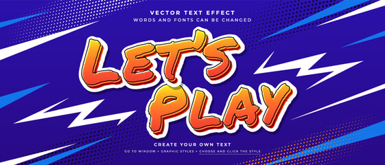 Lets play games text effect on comic style background, vector graphic style