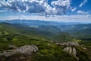 Chornohirsky ridge, beautiful silhouettes of mountains in the distance and the sky, Carpathians,...