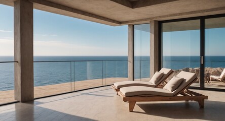 Fototapeta premium An open relax area with open balcony and blue ocean outside the window 3d illustration.