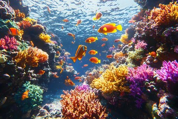 Vibrant coral reef teeming with colorful fish in tropical waters