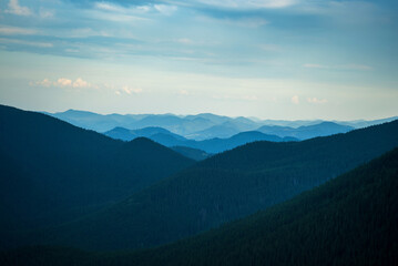 silhouettes of mountains in aerial perspective, Carpathian landscape