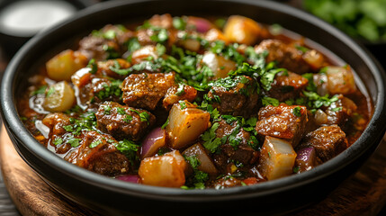 Hearty Beef Stew with Potatoes, Onions, and Fresh Herbs Served in a Rustic Bowl – A Comforting and Flavorful Homemade Dish for a Cozy Meal