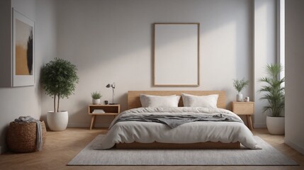 A master bedroom interior design with a poster frame mock-up on the wall 3d illustration.