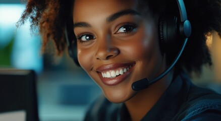 Close-up portrait of a smiling Black female customer service representative wearing a headset and working at a computer in an office.