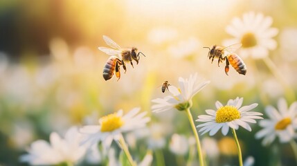 Obraz premium Bees Pollinating Flowers in Soft Sunset Light