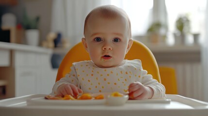 Healthy cute caucasian baby boy have, eat vegan raw supplementary food at home in his highchair.