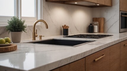 A close-up of a kitchen counter table with a golden tap for product display 3d illustration.