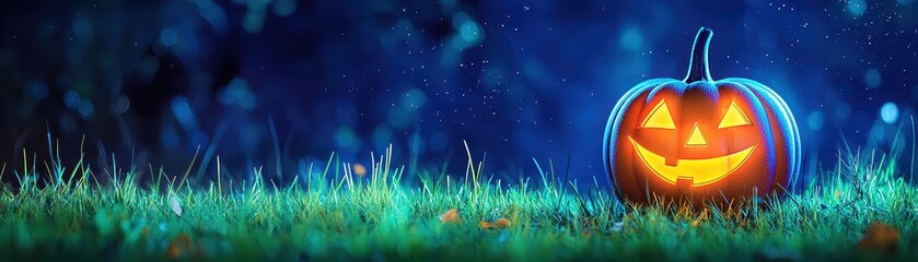Obraz premium Glowing Halloween pumpkin on grass with a night sky backdrop.