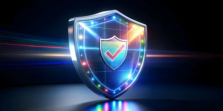 Holographic Election Security Shield Concept: Glowing Shield Symbolizing Integrity with Rotating Security Features & Encryption Symbols on White Background