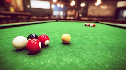 A snooker table in a club setting, with the warm glow of hanging lights creating an inviting atmosphere before the game begins.