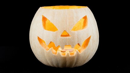 Fototapeta premium A spooky jack-o'-lantern with sharp teeth and glowing eyes, lit from within by a candle.